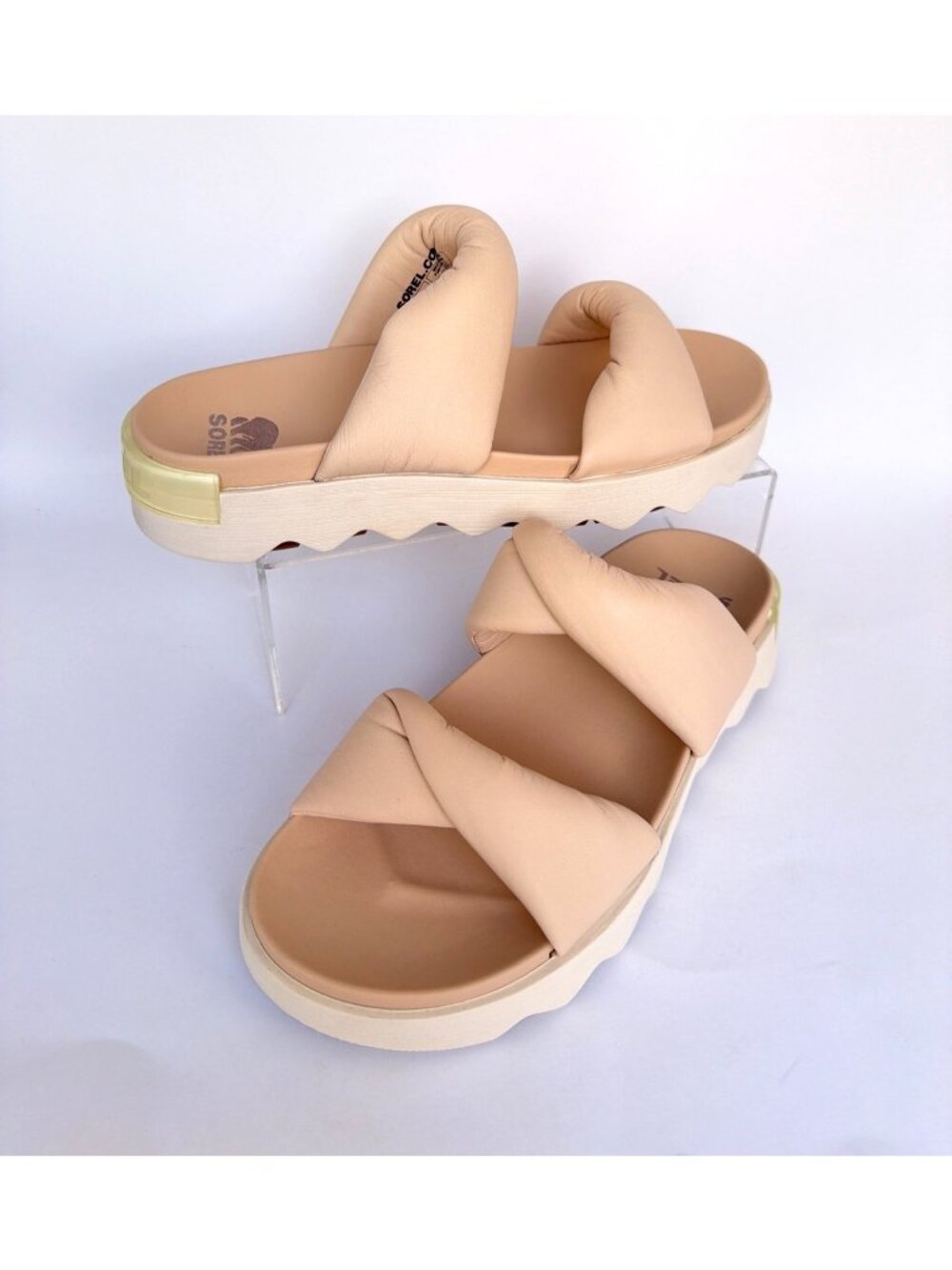 Sorel Viibe Twist Leather Sandals Plush Dark Beige Sand Chalk Slides Size 9.5